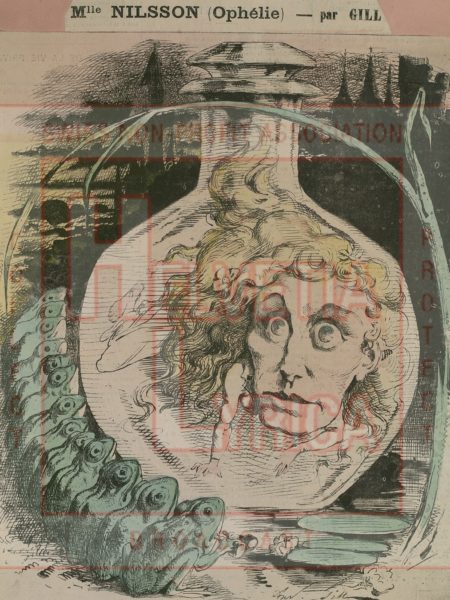 Caricature de Christine Nilsson dans le rôle d'Ophélie dans Hamlet d'Ambroise Thomas (collection Motisi)