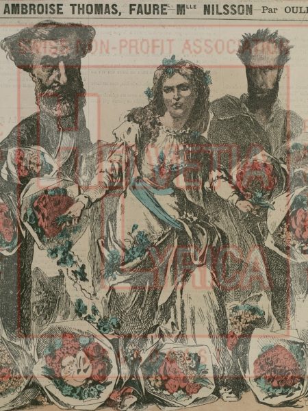 Caricature de Christine Nilsson après le succès de la représentation d'Hamlet d'Ambroise Thomas (collection Motisi)