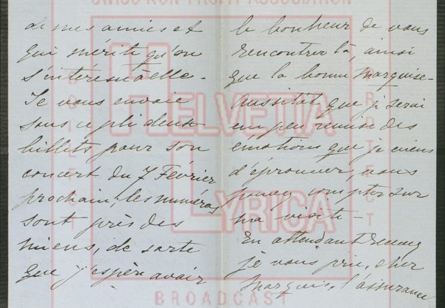 Lettre manuscrite de Christine Nilsson vers 1882 (collection Motisi)
