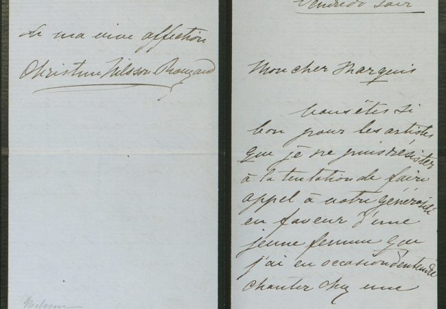 Lettre manuscrite de Christine Nilsson vers 1882 (collection Motisi)