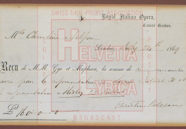 Reçu avec autographe de Christine Nilsson de l'Opéra italien de Londres (Covent Garden), du 24 juillet 1869 (collection Motisi)