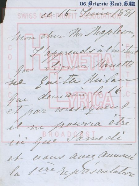 Lettre manuscrite de Christine Nilsson à Mapleson du 15 juin 1881, p.1 (collection Motisi)