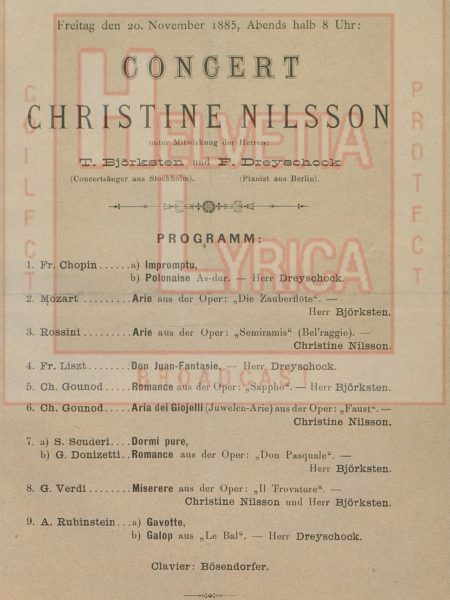 Programme de concert de Christine Nilsson au Musikverein de Vienne le 20 novembre 1885 (collection Motisi)